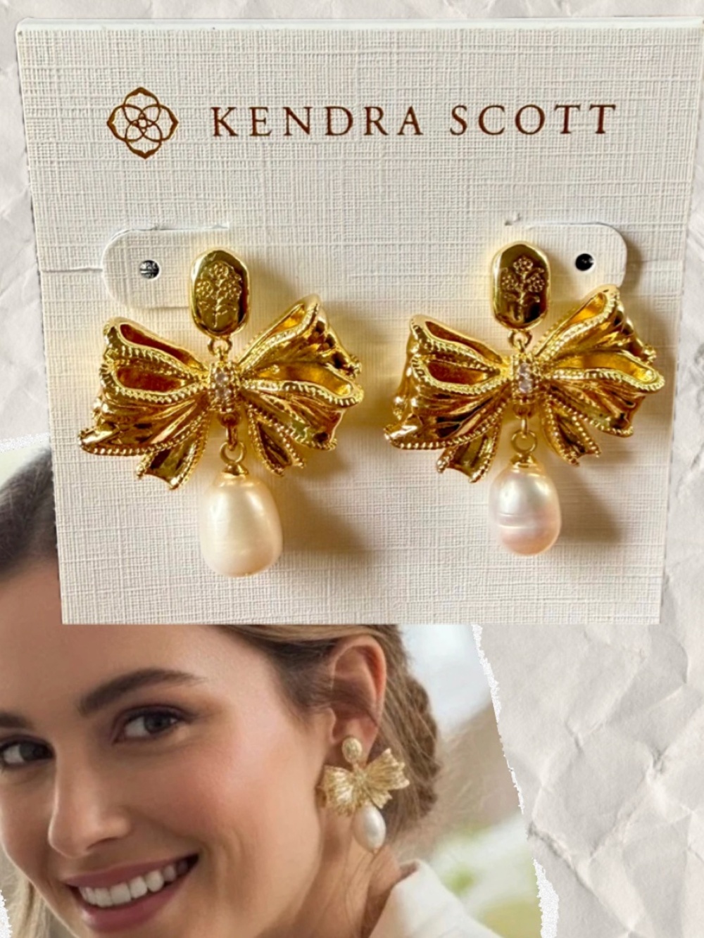 Kendra Scott Gold Earrings Bow with Single Pearl Accent ⭐️  Pierced Post